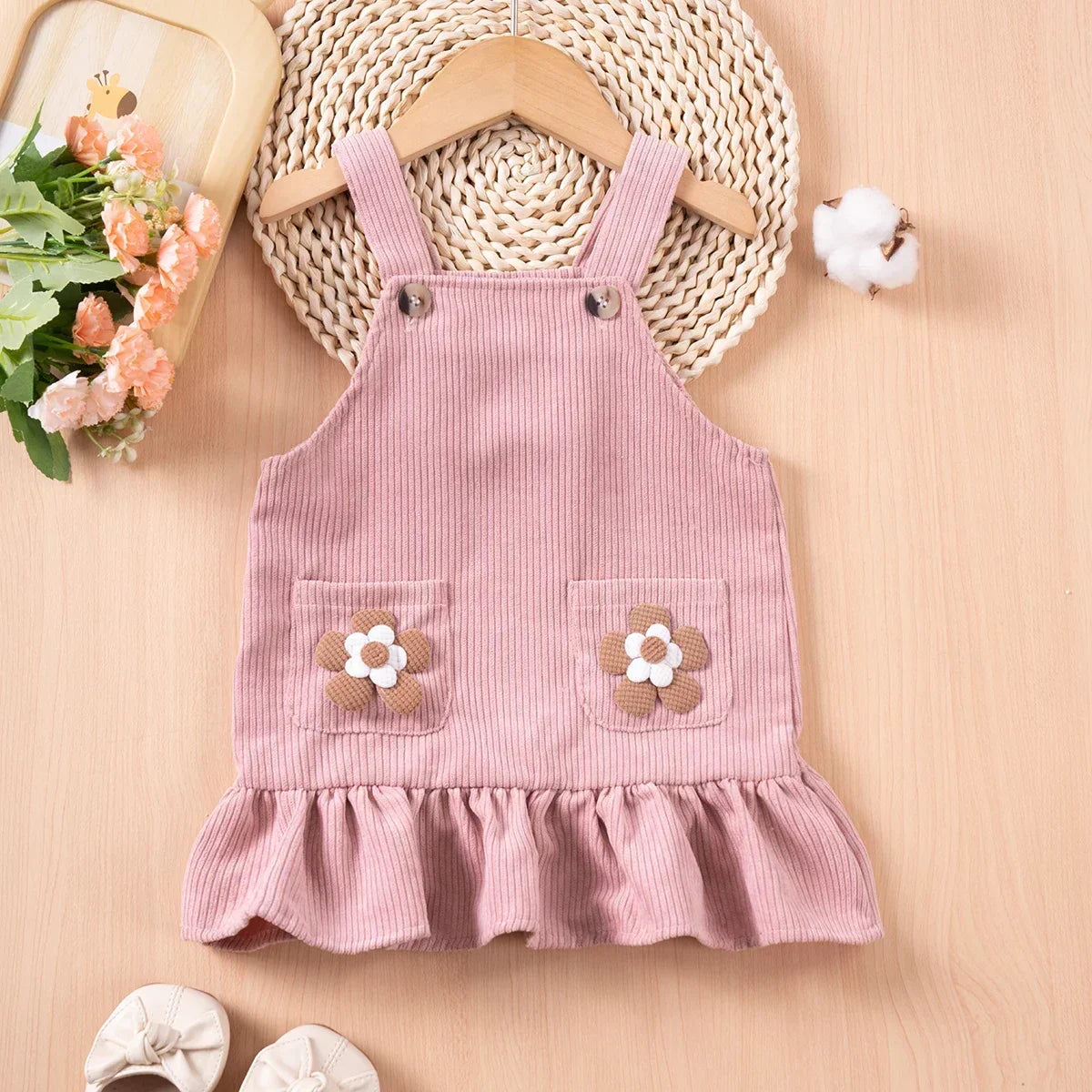 Vestido Infantil de Veludo com Flores - Primavera e Outono